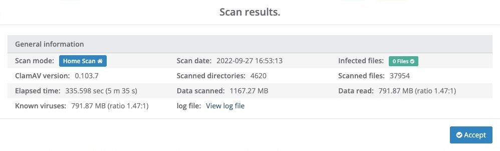 We're using Clam AntiVirus (ClamAV) – Antivirus Engine and Virus Scanner to perform a comprehensive virus scan of the entire website directories and files